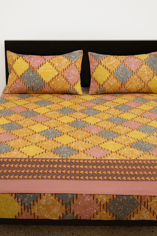 Rustic Orange & Pink Cotton Double Bedsheet Set – Tribal Geometric Diamond Print with Pillow Covers