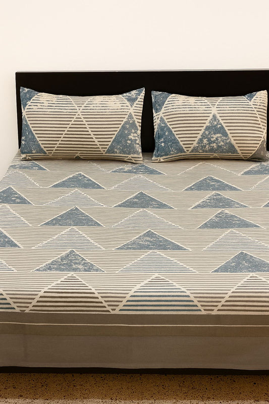Modern Grey & Blue Cotton Double Bedsheet Set – Striped Triangle Pattern with Pillow Covers
