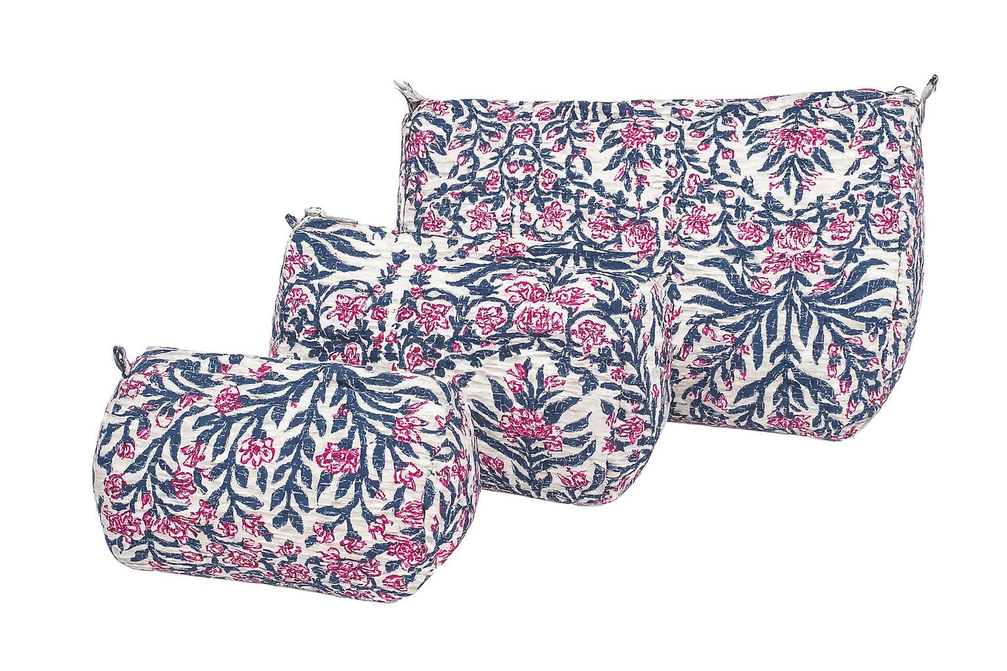 Elegant Blue & Pink Floral Quilted Cotton Pouch Set – Set of 3 | Travel, Makeup & Toiletry Organizers