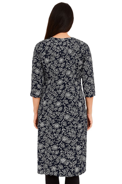 Navy Blue Cotton Printed Straight Kurti for Women – Elegant Floral Design | 3/4 Sleeves