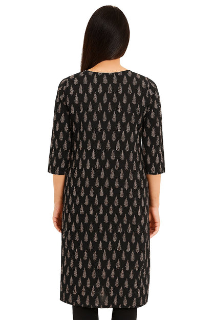 Black Cotton Printed Straight Kurti for Women – Elegant Leaf Motif | Office & Casual Wear