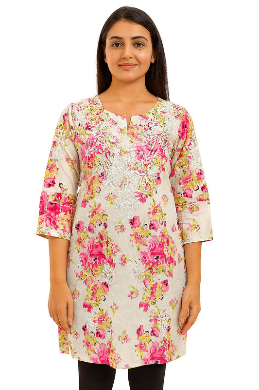 Floral Printed Short Kurti for Women – Pink & White Cotton Blend Tunic | 3/4 Sleeves