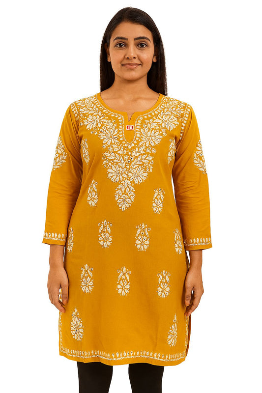 Mustard Yellow Cotton Embroidered Short Kurti for Women – Elegant White Thread Work | 3/4 Sleeves