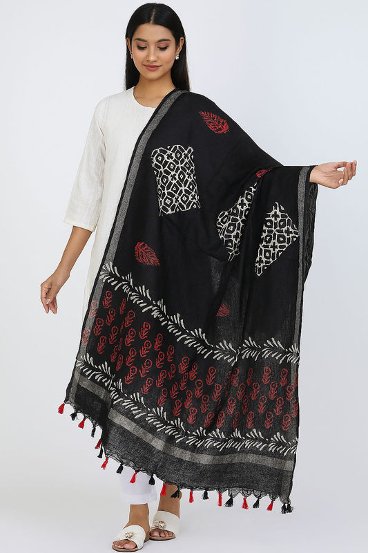 Handblock Printed Black Cotton Dupatta with Red Tassels