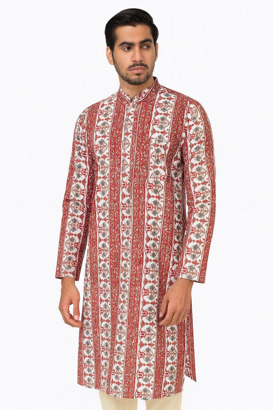 Men's Handblock Printed Long Cotton Kurta – Red & White Vertical Floral Stripe Pattern
