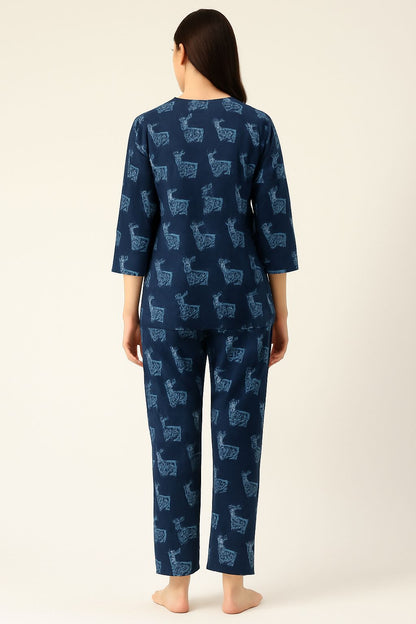 Women's Cotton Night Suit Set – Navy Blue with Handblock Deer Print