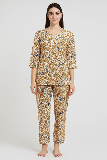 Women's Handblock Printed Cotton Night Suit Set – Mustard & Blue Floral Vines