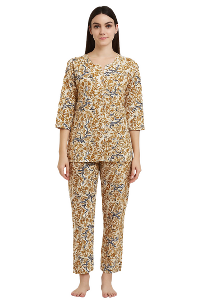 Women's Handblock Printed Cotton Night Suit Set – Mustard & Blue Floral Vines
