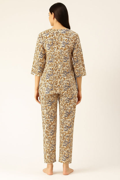 Women's Handblock Printed Cotton Night Suit Set – Mustard & Blue Floral Vines