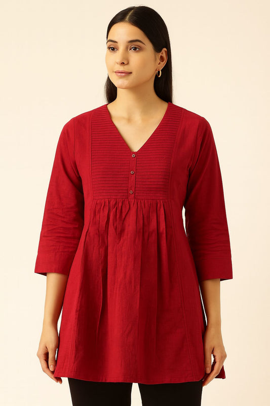 Elegant Maroon Cotton Pintuck Short Kurti for Women