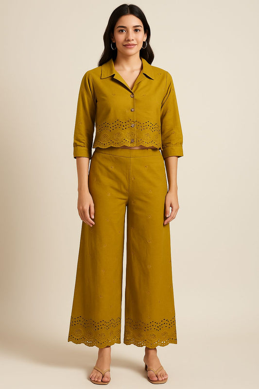 Mustard Yellow Eyelet Co-Ord Set for Women