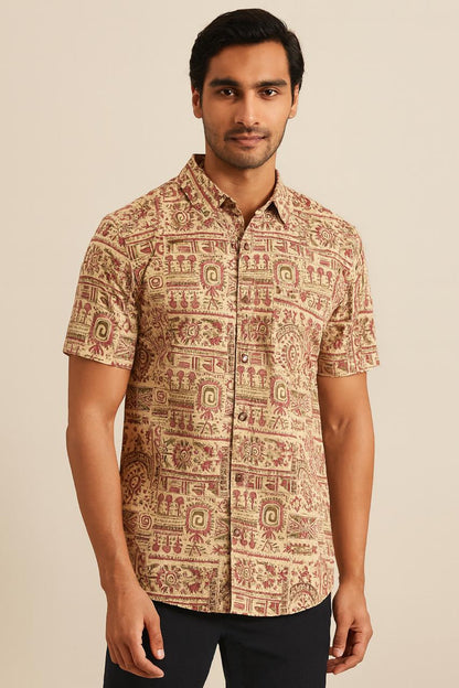 Men's Beige Cotton Shirt with Ethnic Block Print