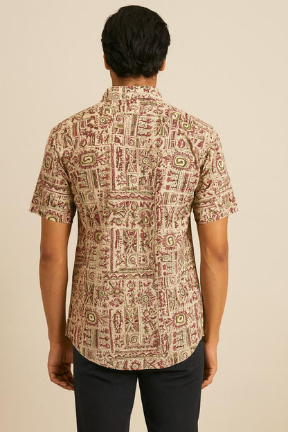 Men's Beige Cotton Shirt with Ethnic Block Print