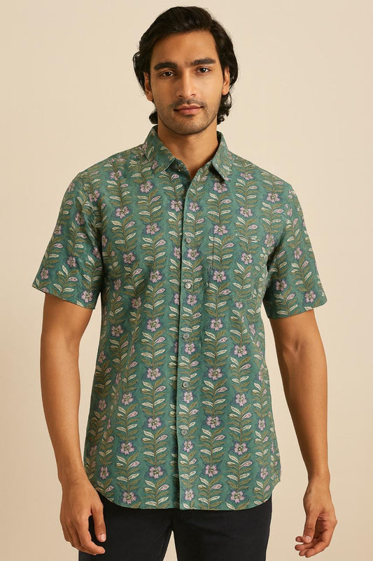 Men’s Green Floral Print Cotton Shirt