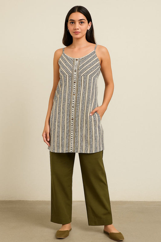 Beige & Black Striped Sleeveless Kurti with Olive Green Pants – Women’s Cotton Co-ord Set