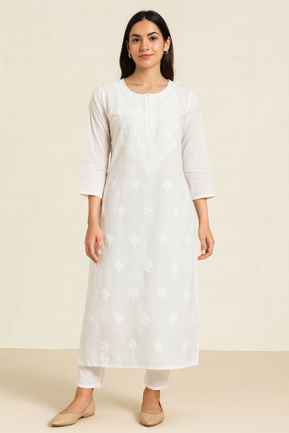 Elegant White Cotton Chikankari Embroidered Straight Kurti for Women