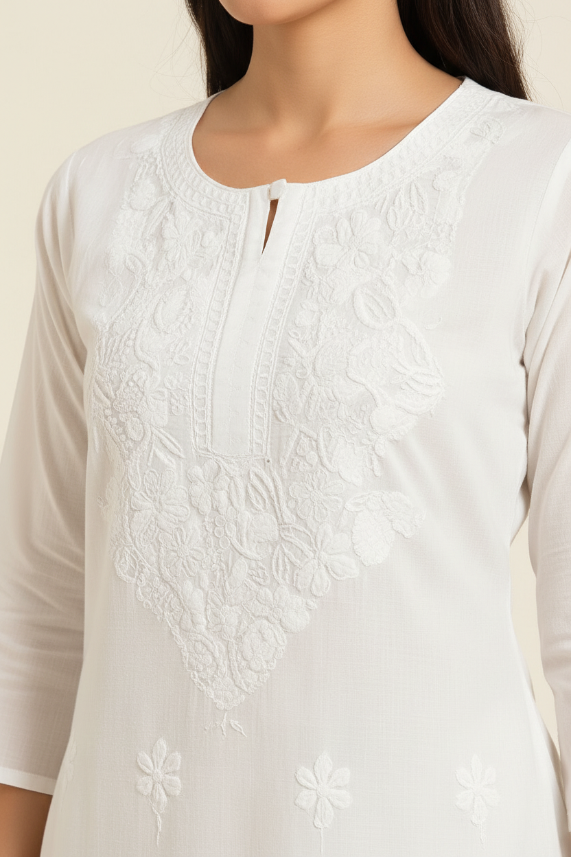 Elegant White Cotton Chikankari Embroidered Straight Kurti for Women