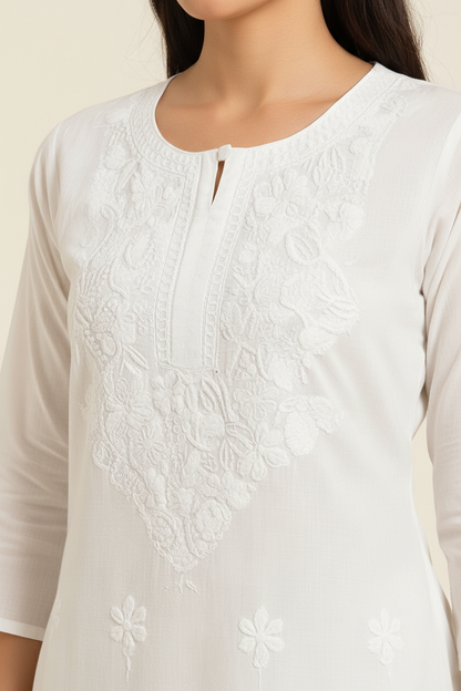Elegant White Cotton Chikankari Embroidered Straight Kurti for Women