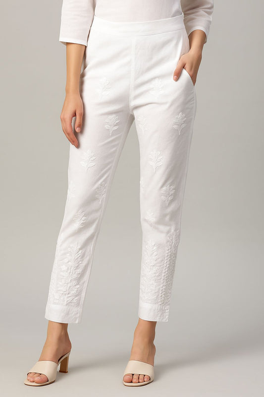 White Embroidered Free-Size Stretchable Cotton Pants for Women