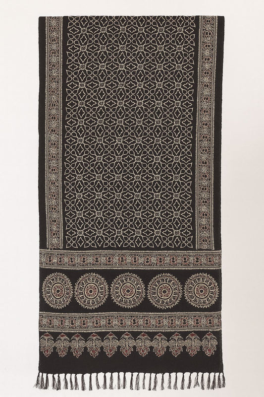 Handcrafted Black Ajrakh Print Silk Stole