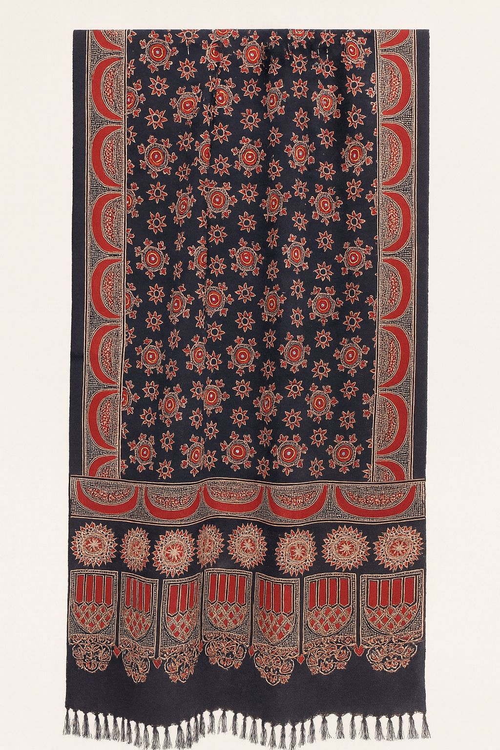 Handcrafted Navy Blue Ajrakh Silk Stole with Red Traditional & Tassel Edges