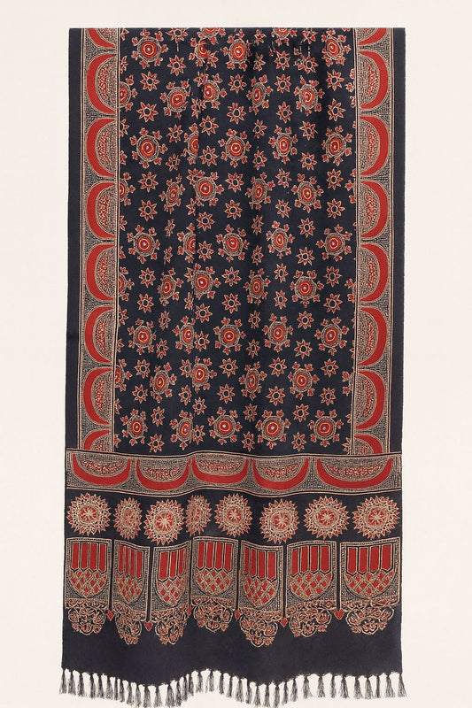 Handcrafted Navy Blue Ajrakh Silk Stole with Red Traditional & Tassel Edges