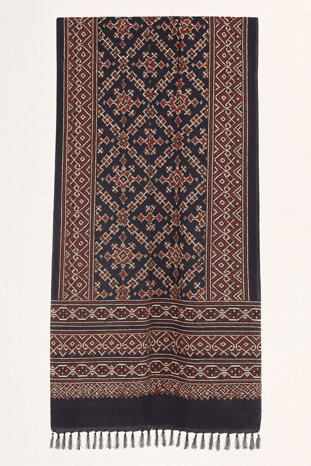 Handcrafted Ajrakh Silk Stole in Black & Maroon | Traditional Geometric Tassels