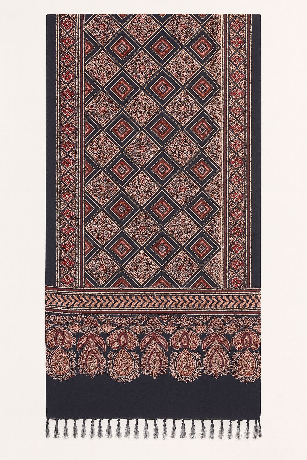 Handcrafted Ajrakh Silk Stole in Black & Red | Geometric Diamond Paisley Border & Tassels