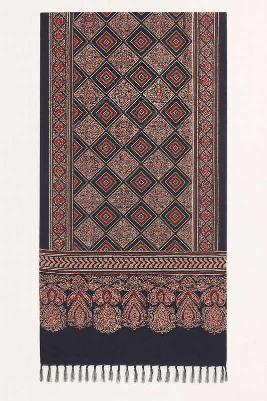Handcrafted Ajrakh Silk Stole in Black & Red | Geometric Diamond Paisley Border & Tassels
