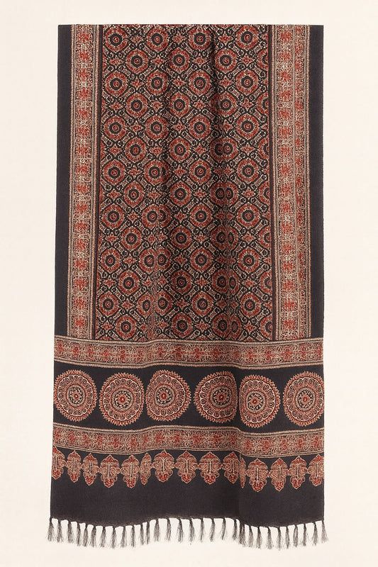 Handcrafted Black Ajrakh Silk Stole | Traditional Circular Motif Tassels