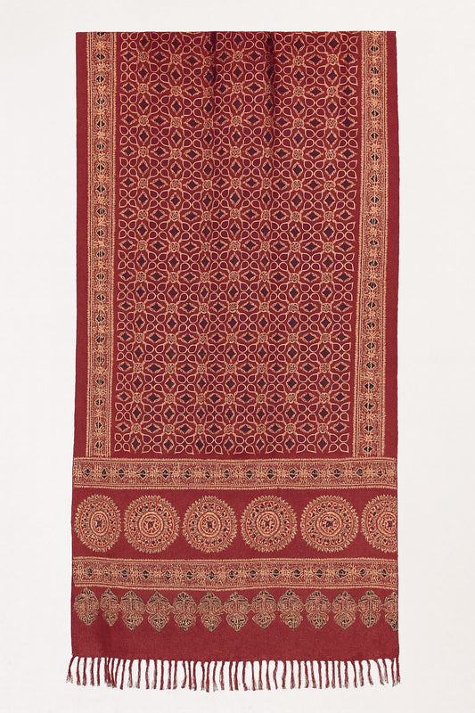 Handcrafted Red Ajrakh Silk Stole | Traditional Circular Motifs & Tassel Detailing
