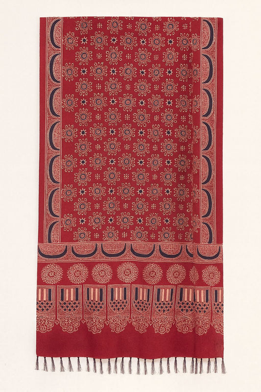 Handcrafted Red Ajrakh Silk Stole | Traditional Floral & Geometric Motifs and Tassels