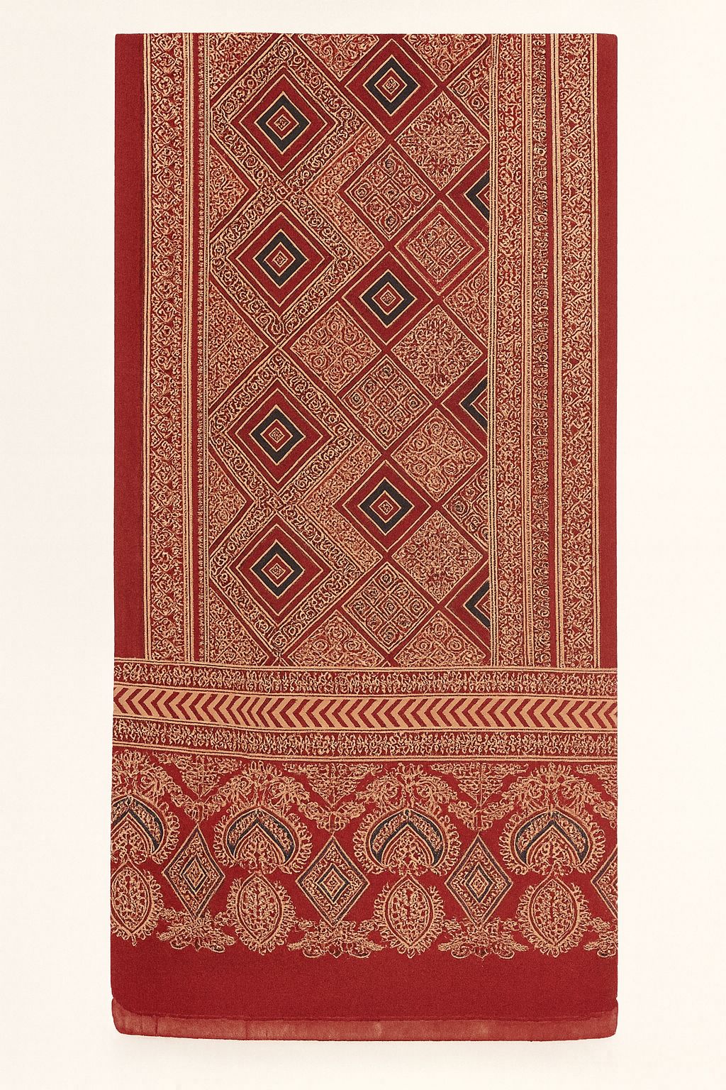 Handcrafted Red Ajrakh Silk Stole | Diamond Geometric  Paisley Border & Tassels