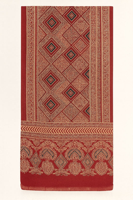 Handcrafted Red Ajrakh Silk Stole | Diamond Geometric  Paisley Border & Tassels