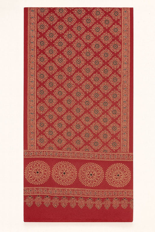 Handcrafted Red Ajrakh Silk Stole | Traditional Circular