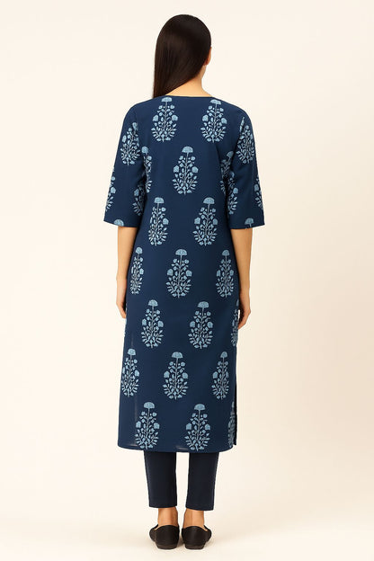 Women’s Blue Cotton Printed Straight Kurti with V-Neck & 3/4 Sleeves