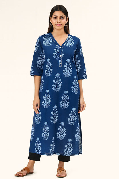 Women’s Blue Cotton Printed Straight Kurti with V-Neck & 3/4 Sleeves