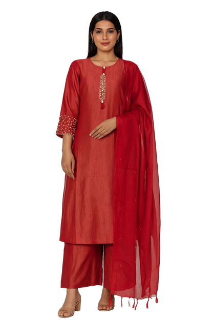 Red Tissue Fabric Kurti Set with Embellished Sleeves & Dupatta – Elegant Festive Wear for Women