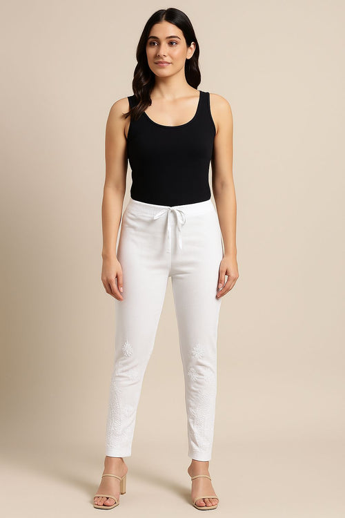 Women’s White Stretchable Pants with Embroidered Detailing – Comfortable Slim Fit Bottoms