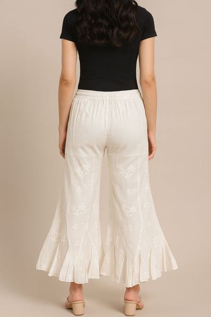 Women’s White Chikankari Sharara Pants – Embroidered Flared Palazzo with Drawstring Waist