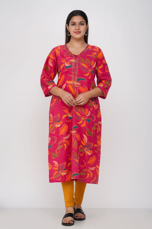 Women’s Pink Floral Printed Kurti with Embroidered Neck – Cotton Straight Fit