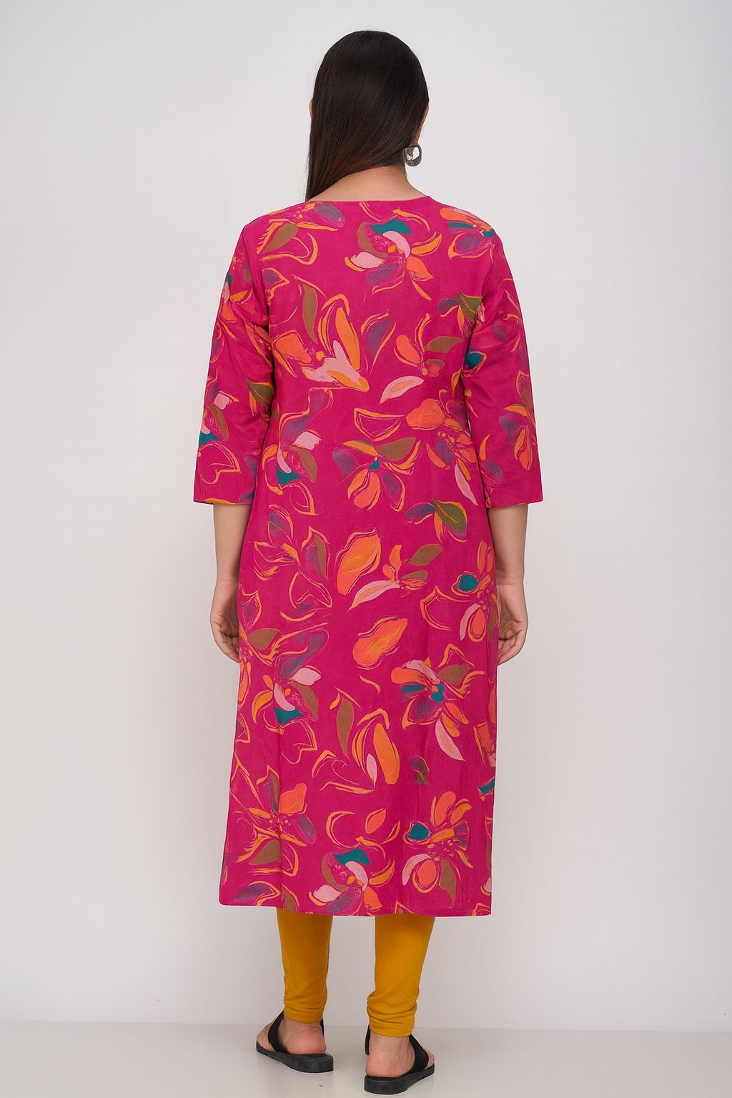 Women’s Pink Floral Printed Kurti with Embroidered Neck – Cotton Straight Fit