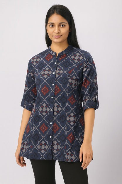 Women’s Navy Blue Rayon Short Kurti – Ikat Printed Button-Down Tunic for Casual & Office Wear