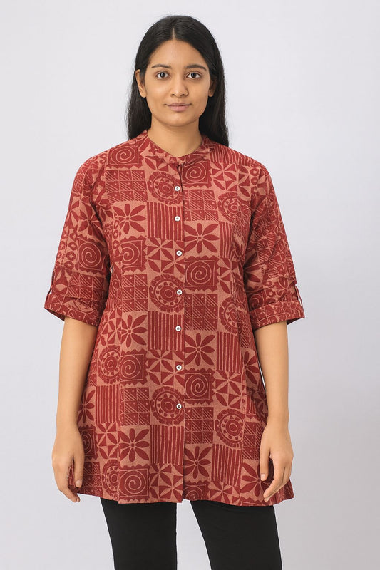 Women’s Maroon Rayon Short Kurti – Geometric Printed Button-Down Tunic for Daily & Office Wear