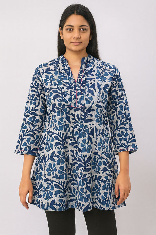 Women’s Blue Rayon Short Kurti – Block Printed A-Line Tunic for Casual & Office Wear