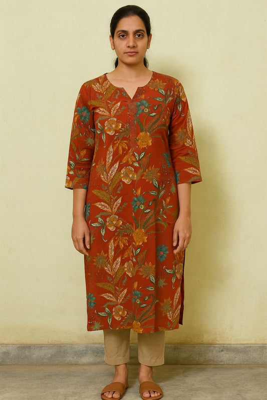 Women’s Rust Orange Cotton Kurti – Floral Printed Straight Fit with Notch Neck and 3/4th Sleeves