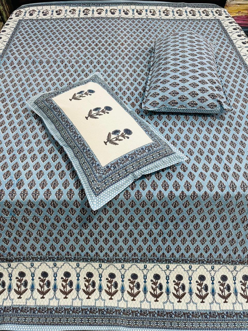 100% Cotton Double Bedsheet with Pillow Covers – Sky Blue Floral Block Print, Size 100x108 Inches
