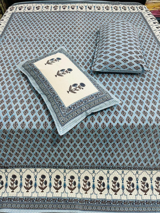 100% Cotton Double Bedsheet with Pillow Covers – Sky Blue Floral Block Print, Size 100x108 Inches