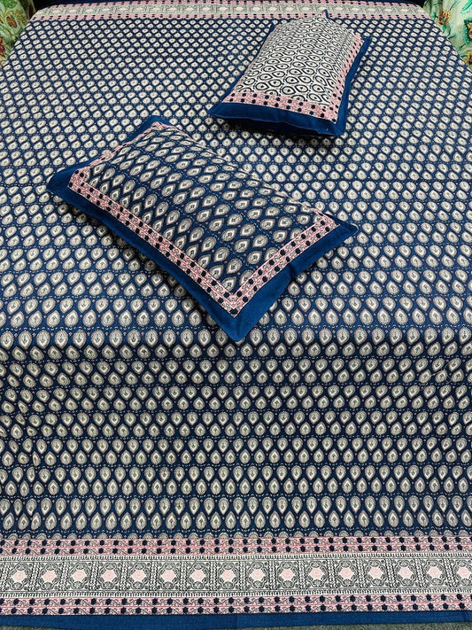 100% Cotton Double Bedsheet with Pillow Covers – Navy Blue Traditional Print, Size 100x108 Inches