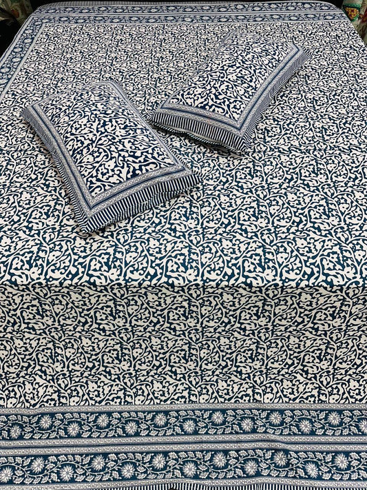 100% Cotton Double Bedsheet with Pillow Covers – Navy Blue & White Floral Print, Size 100x108 Inches